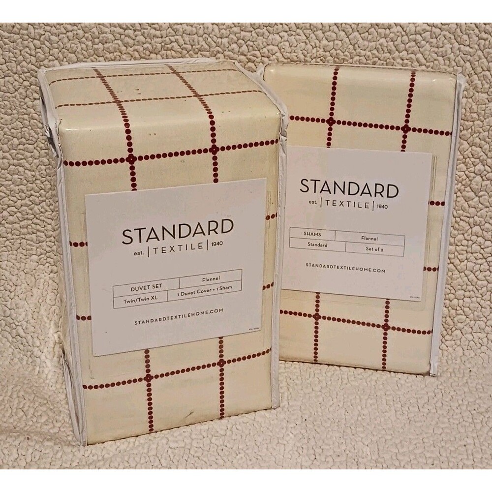 STANDARD Textiles Flannel Duvet Set & Shams in Cream with Red Grid